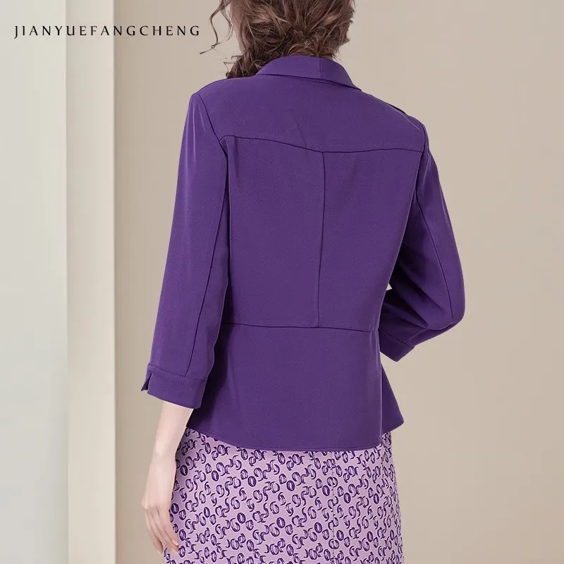 Casacos femininos sem botões roxo casual blazer 3/4 mangas terno colarinho capa casaco