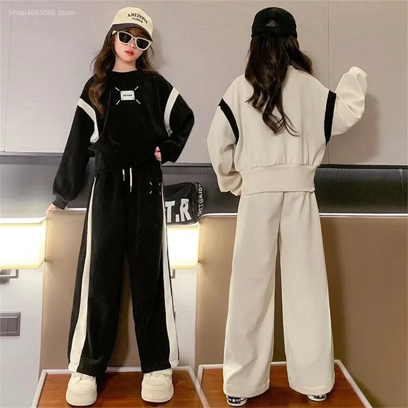 Fashion 2023 kids girls clothes sets autumn long sleeve sweatshirt wide leg pants children clothing suits 6 8 10 12 14 years