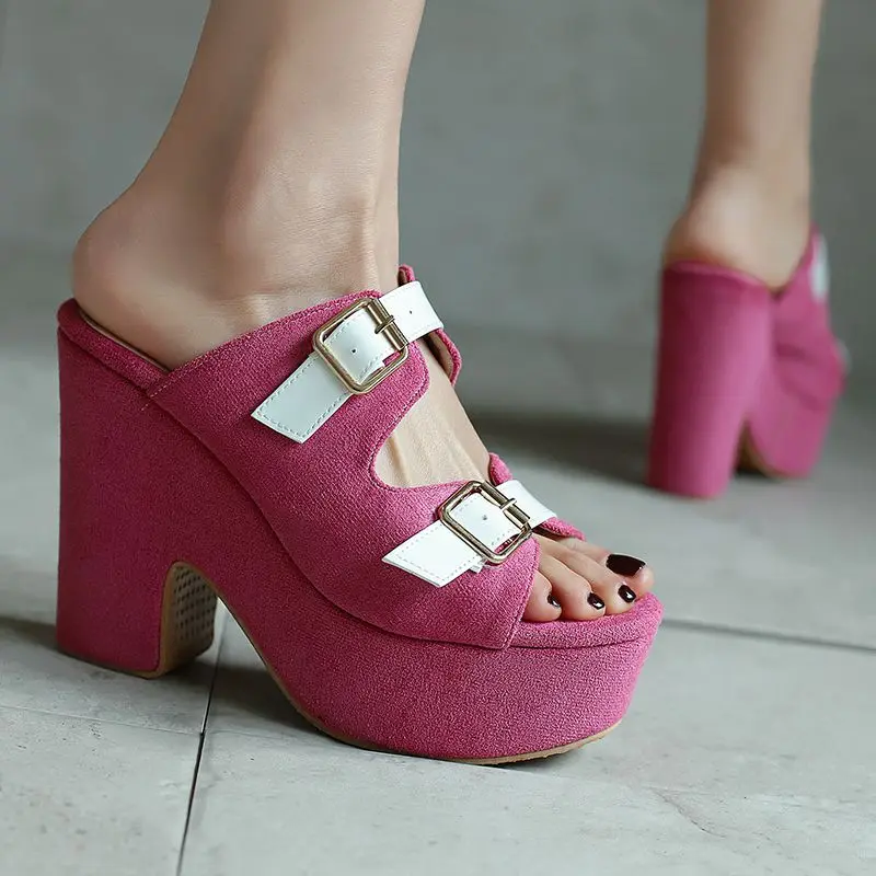 ORCHA LISA 2025 Green Female Sandals Chunky Heels 11.5cm Platform 4.5cm Slip On Mules Belt Buckle Mixed Color Big Size 42 43 view 5