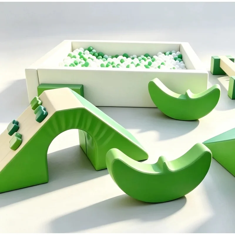 Green Beige Toddler Soft Play Set Ball Pit Climbing Tunnel Balance Beam, Kids Soft Play Equipment for Party Hire & Event Rental
