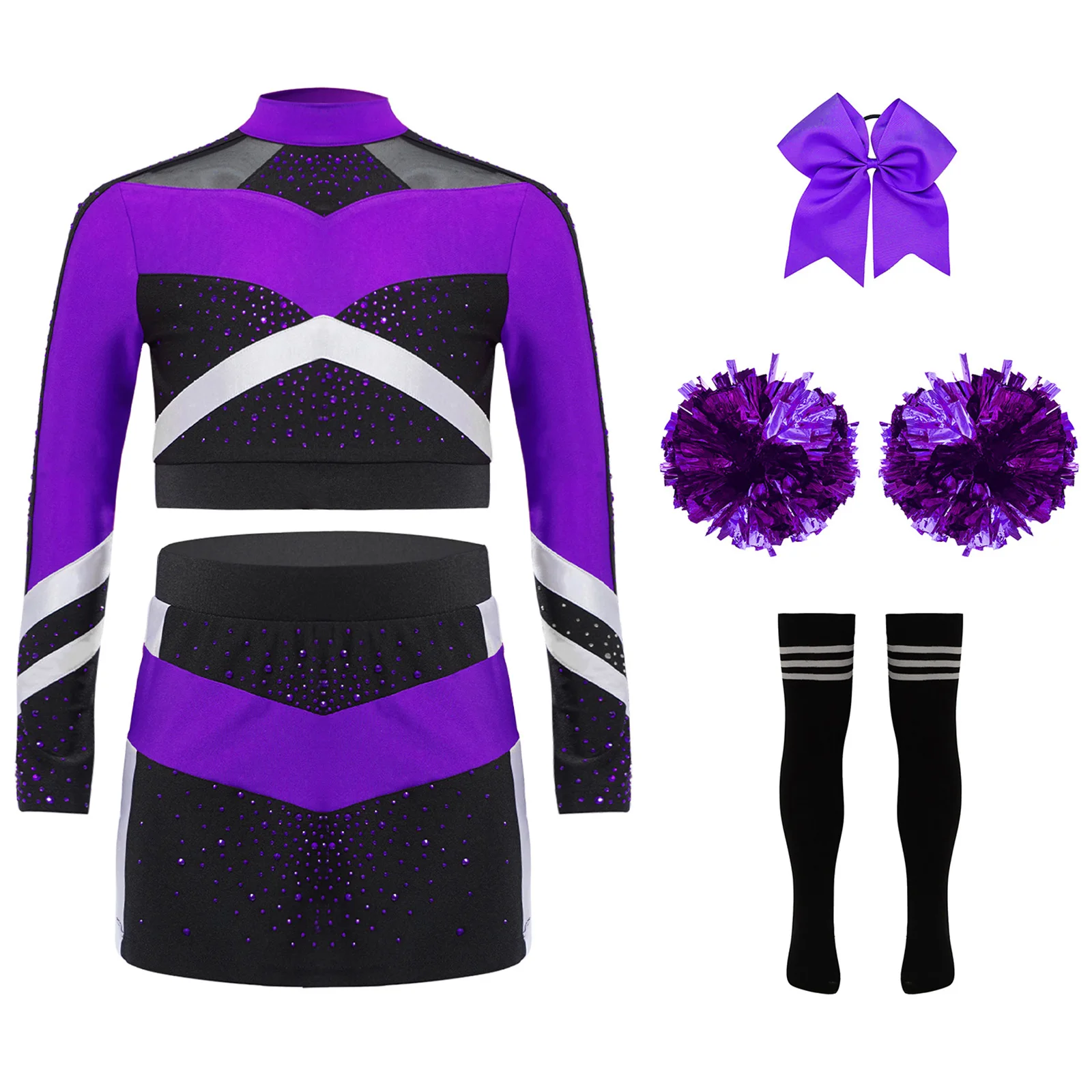 Children Cheer Dance Outfits Schoolgirls Cheerleader Costumes Cheerleading Suits Kids Cheering Team Uniforms with Flower Balls