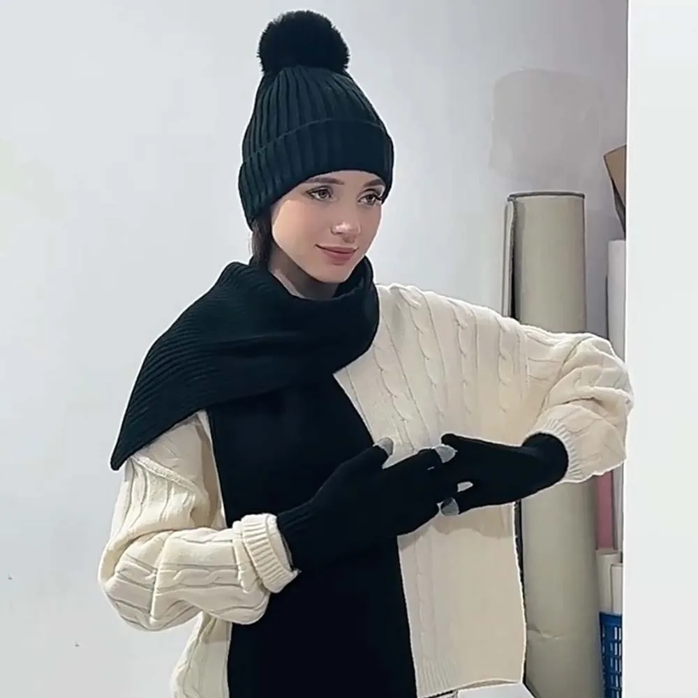 Beanies Cap Elastic Scarf and Hat Set Touch Screen Warmer Mittens Woolen Hat Acrylic Fibers Stripe Cold Proof Gloves Windproof