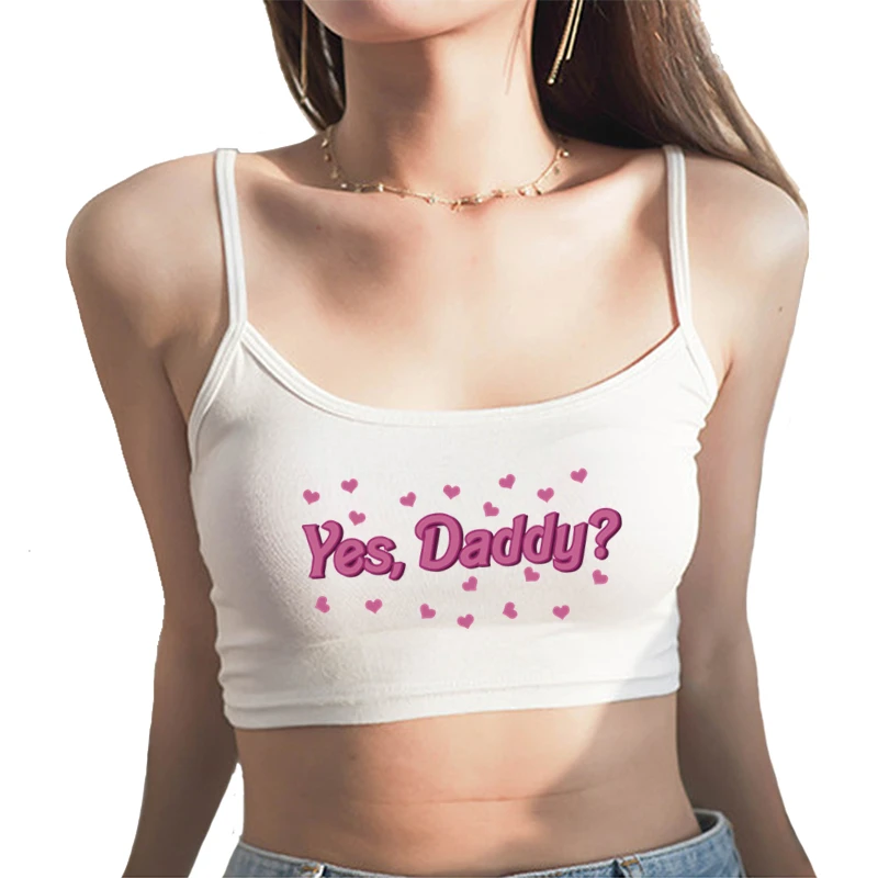 YES DADDY Cute Little Hearts Summer Women\'s Crop Top Sexy Elastic Cotton Camis Sleeveless Short Tank Top Bar Tops Women