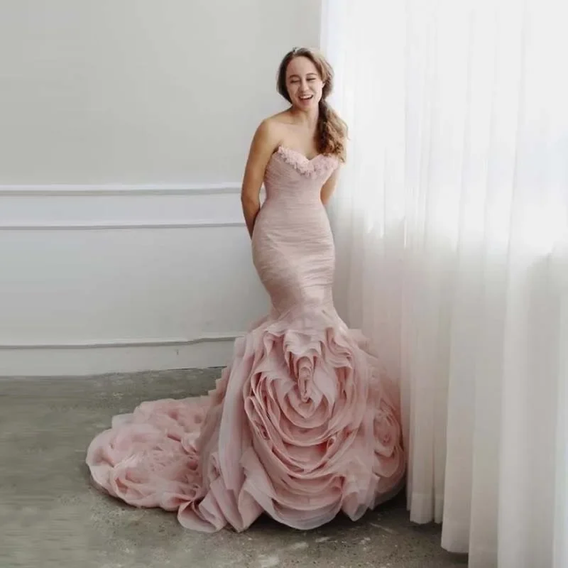 

Elegant with 3D Rose Train Formal Blush Pink Mermaid Bridal Dresses Sweetheart Ruffled Organza Wedding Gown Party Dress Custom
