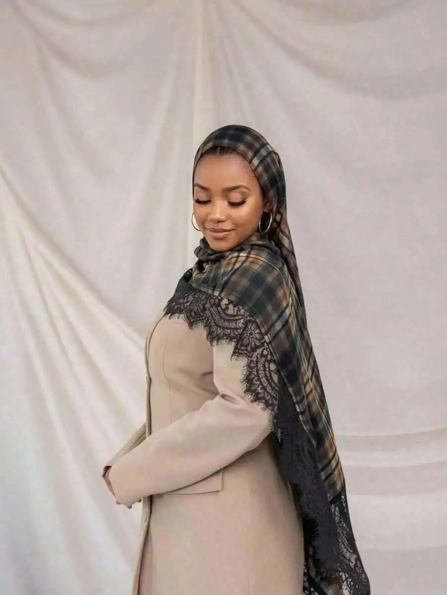 

Womens Bohemian Modal Hijab With Lace Trim, Autumn Winter Street Style Scarf For Daily Wear