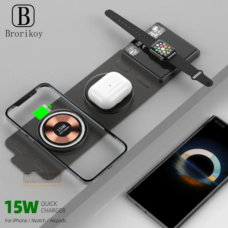 

3 in 1 15W Foldable Magnetic Wireless Charger for iPhone 14 13 12 ProMax Plus Phone Stand Fast Charging Pad for Airpods iWatch 7