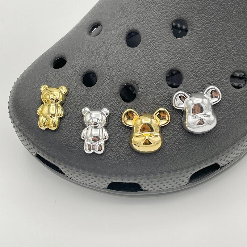 4Pcs Cartoon Golden Silver Bear Shoe Charms For Kid's Clogs Sandals DIY Parts Decoration Accessories Fit Garden Shoe Ornaments