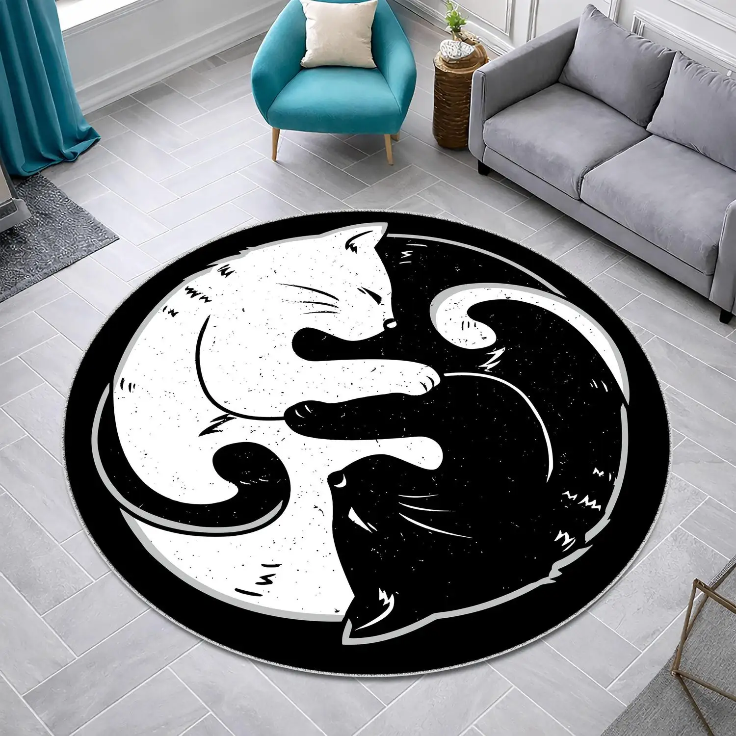 【Room Decor Carpet】Yin-Yang Cat Round Carpet, Black and White Kitten Round Carpet, Cute Zen Pet Decor, Simple Animal Pattern Carpet, Unique Gift for Cat Lovers