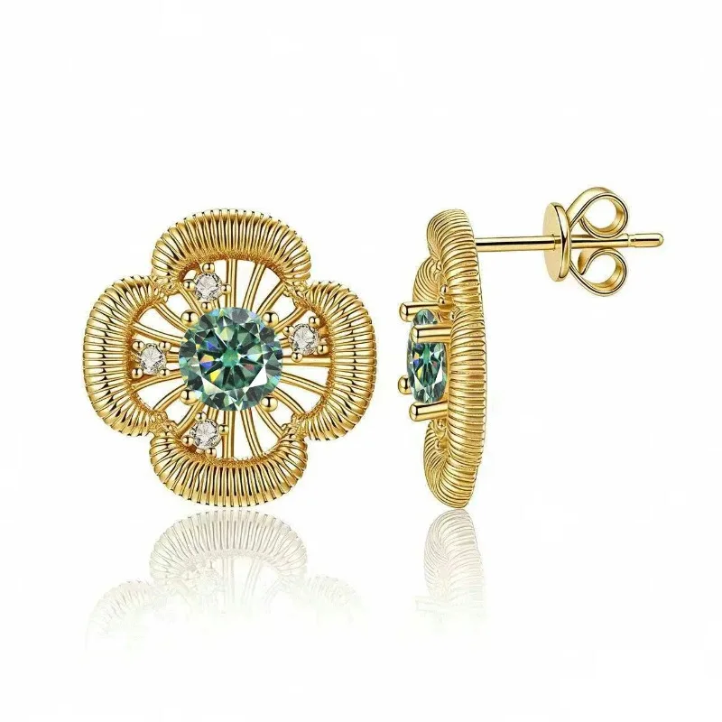925 Sterling Silber Kleeblatt Moissanit Ohrstecker für Damen, Feiner Schmuck, 14k Vergoldete Blumenohrringe, Testergeprüft, Geburtstagsgeschenk – Detail 11