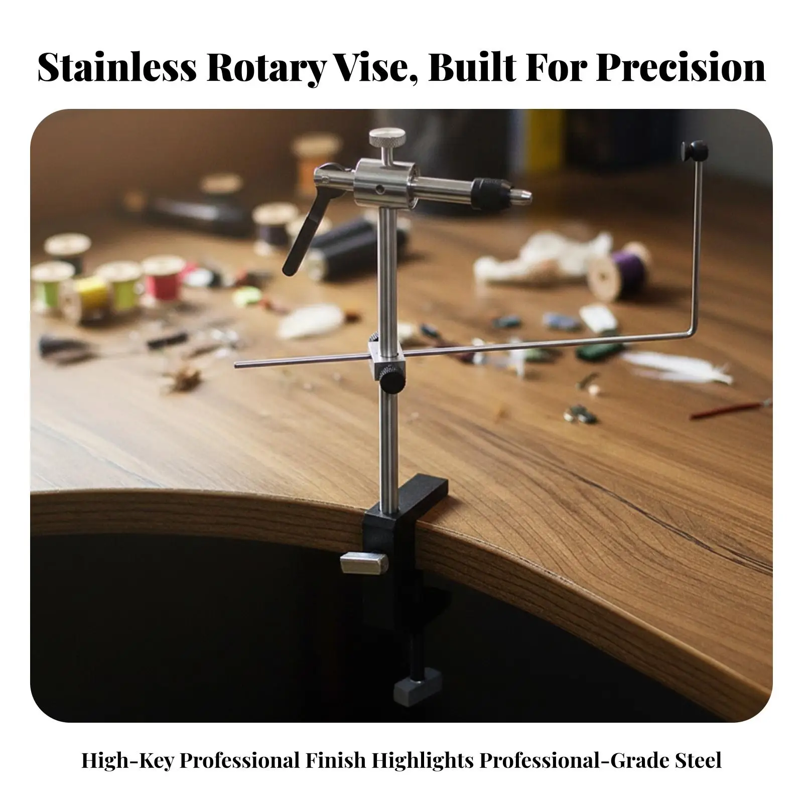 Rotating Fly Vise with Threader Bench Mounted Steel Hook Clamp Adjustable Rod for Fly Tying Craft