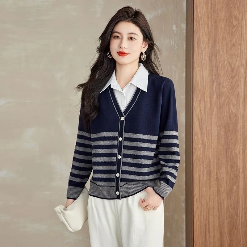 Suéter de dos piezas falso a la moda para mujer, Top de Color a juego con cuello de camisa, camisa de fondo de Color contrastante, otoño 2025