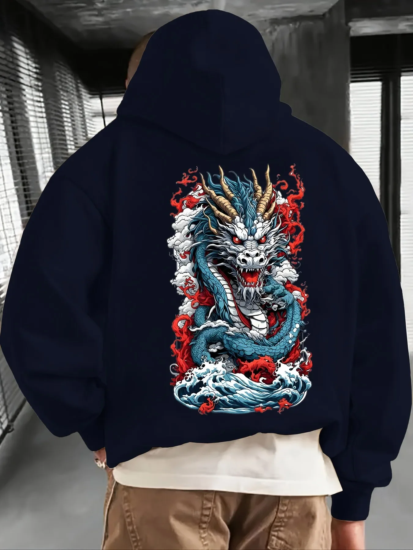 Trending Streetwear Ukiyo-e Style Chinese Dragon Fire Wave Graphic Hoodie Back Print Pullover Hoodie Unisex Loose Fit