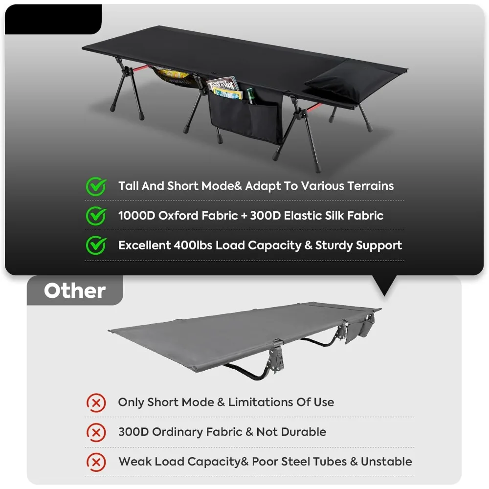 Camping Cot for Adults, Portable Bed Sleeping Cot, Ultra-Stable Folding Bed Supports 400 Lbs, Ideal for Tent, Travel, RV, Beach