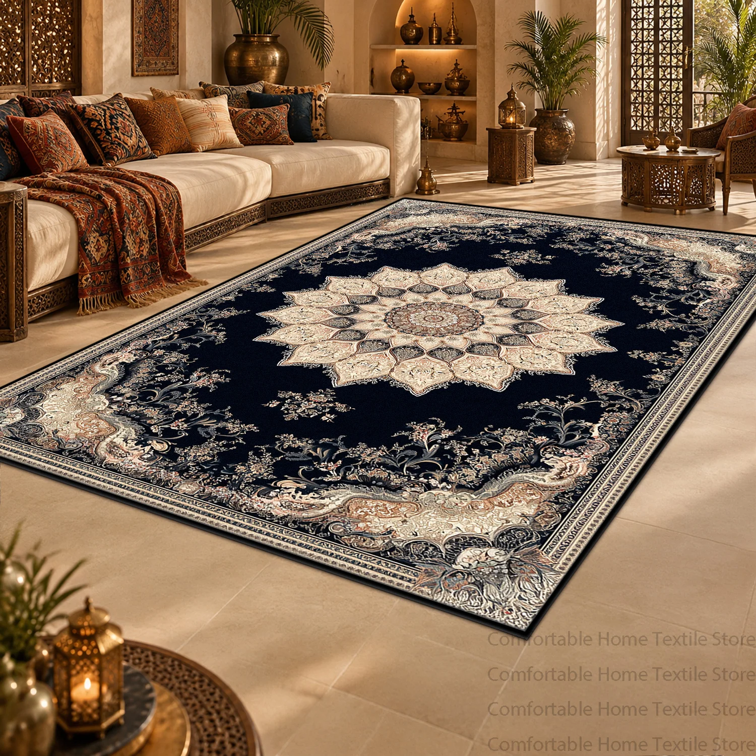 Navy Blue Traditional Ethnic Large Rug Non-slip Washable Persian Carpet for Decor Living Room Soft Stain Resistant Floor Mat