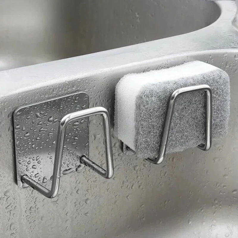 Kitchen Sink Sponge Holder Self Adhesive for Drainage Drying and Storage Organizer No-drilling Wall Hook Stainless Steel Hooks