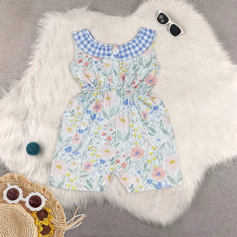 Baby Girls Blue Flowers Checkered Shorts Jumpsuits