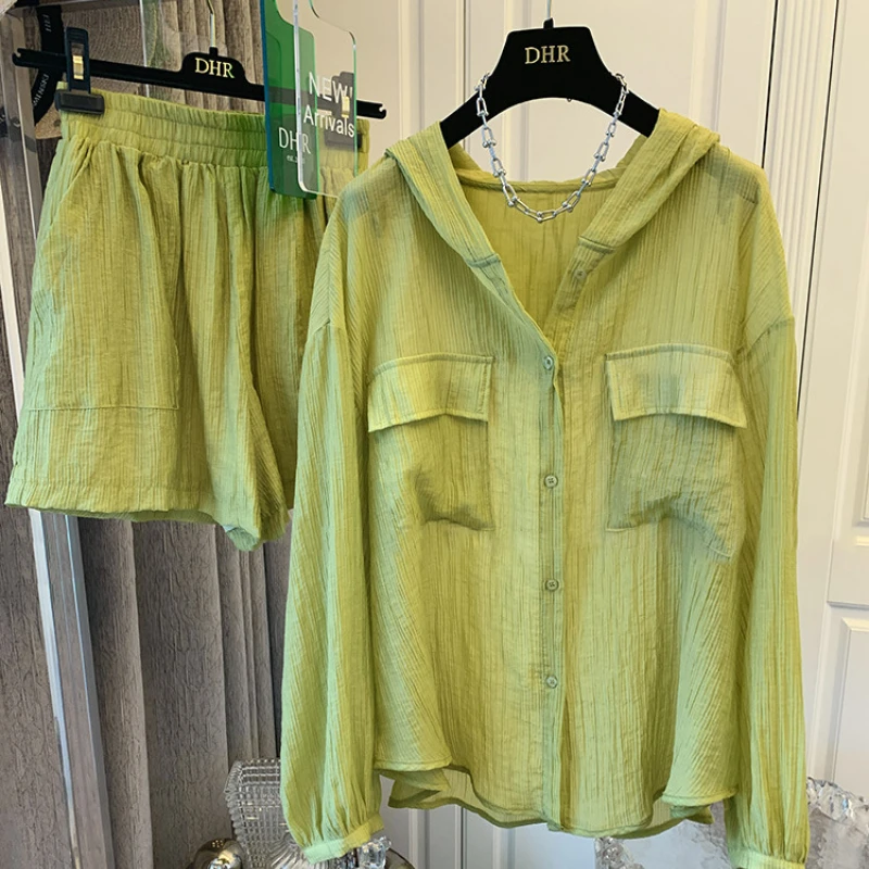 

Spring Summer Thin Elastic Waist Shorts Suit Simple Fashion Loose Lazy Two Piece Set Hooded Shirts Solid Casual Women Outfits