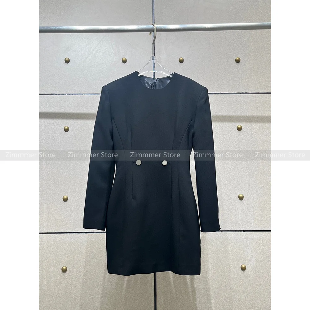 

High quality! 24 years early autumn new round neck padded shoulder waist thin button detail long sleeve dress