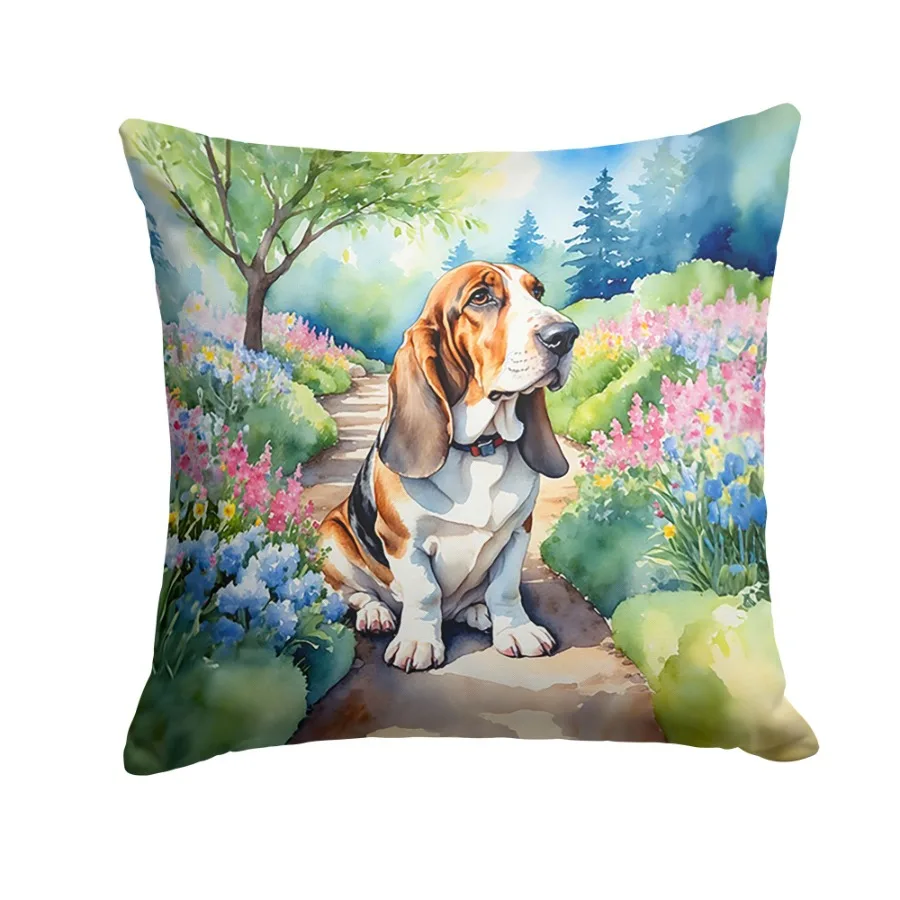 

Basset Hound Spring Garden Throw Pillow Machine Washable Indoor Outdoor Drative Pillow for Couch Bed or Patio 14Hx14W