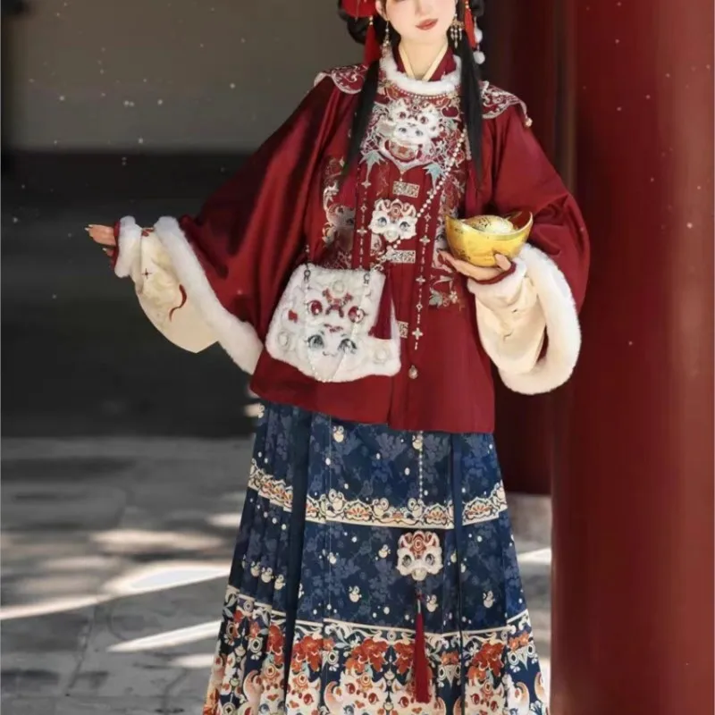 New Year gown heavy industry embroidery Hanfu female shoulder plus velvet round neck short skirt