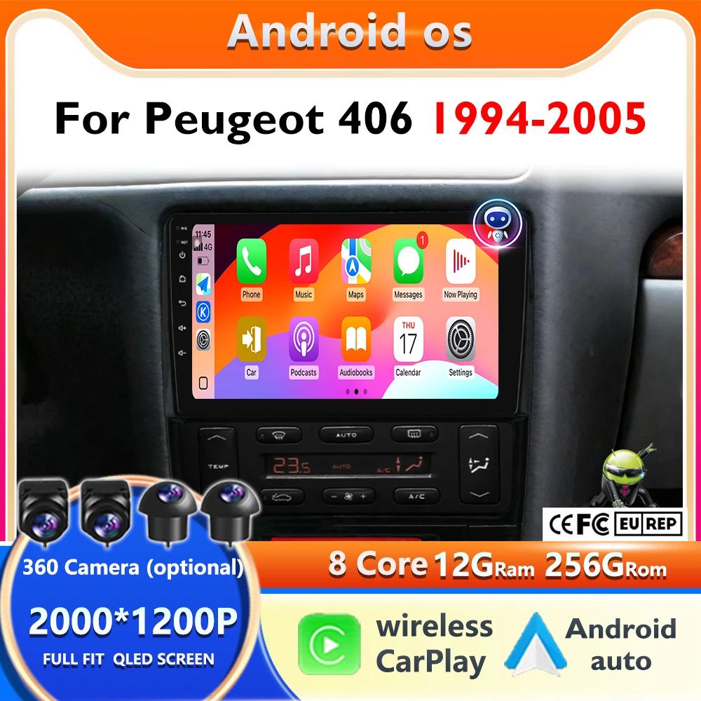 Автомобильный радиоприемник Android 15 для Peugeot 406 1994-2005 Android auto Carplay, мультимедийная камера 360, авторадио, 8-ядерный головное устройство, 4G + WIFI