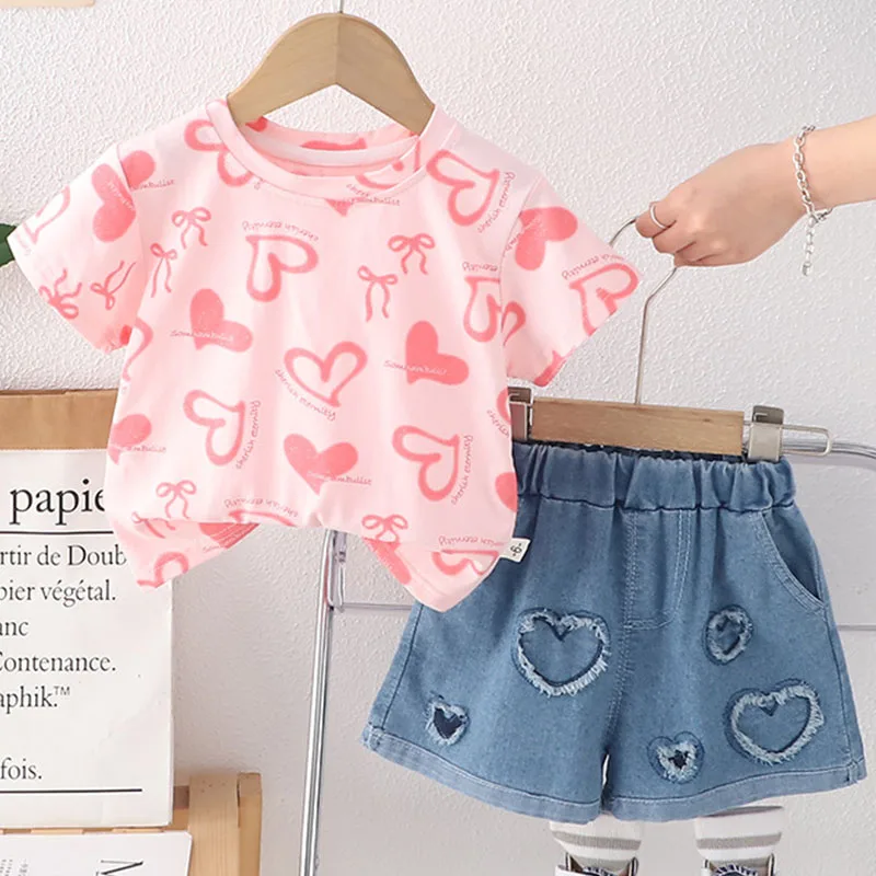 

2Piece Set Summer Toddler Girl Clothes Korean Fashion Cute Print Short Sleeve Pink Tops+Denim Shorts Boutique Kids Clothing B138