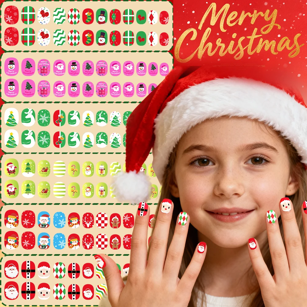 144 насадки/коробка, милые рождественские накладные ногти для детей, 6 стилей, Санта-Клаус, снежинки, костыли, рождественская елка, полное покрытие, детские накладные ногти