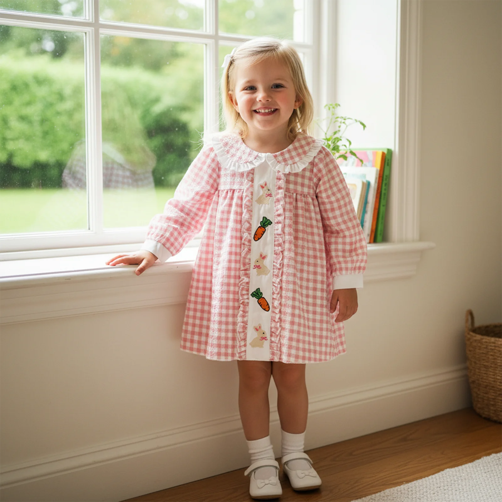 فستان عيد الفصح للفتيات الصغيرات بأكمام قصيرة وياقة الدمية على شكل أرنب وجزر مطرز فستان ربيعي للأطفال الصغار #2