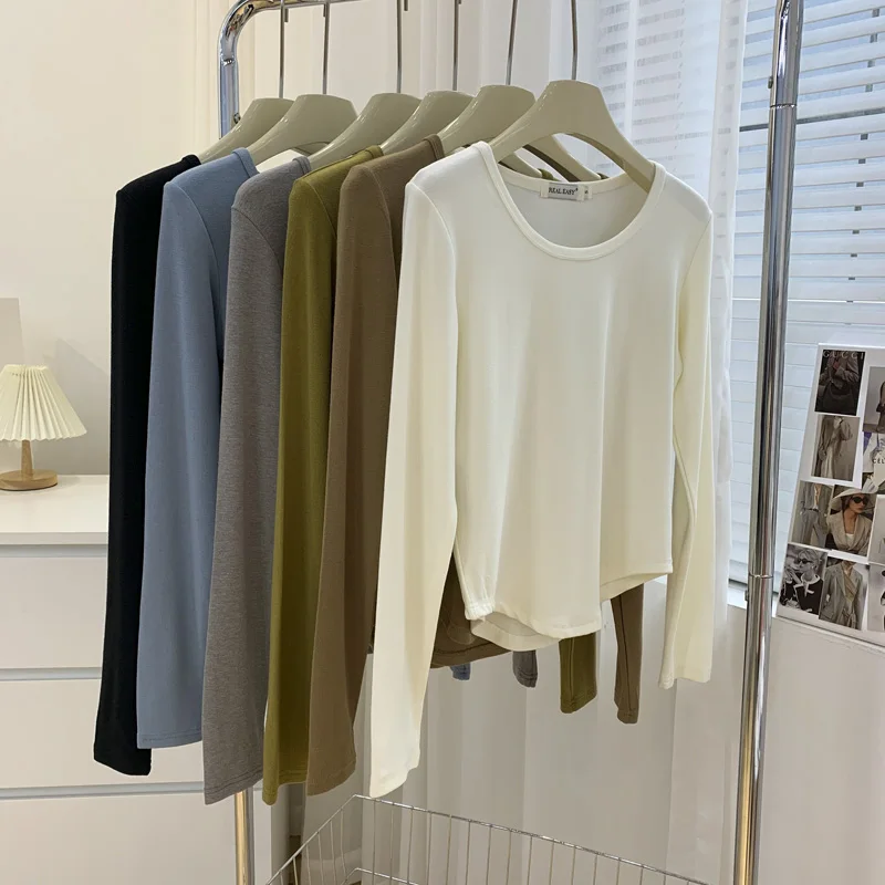 

Женская модная базовая футболка с длинным рукавом Slim Fit, укороченная, с круглым вырезом, в разных цветах, для повседневной носки