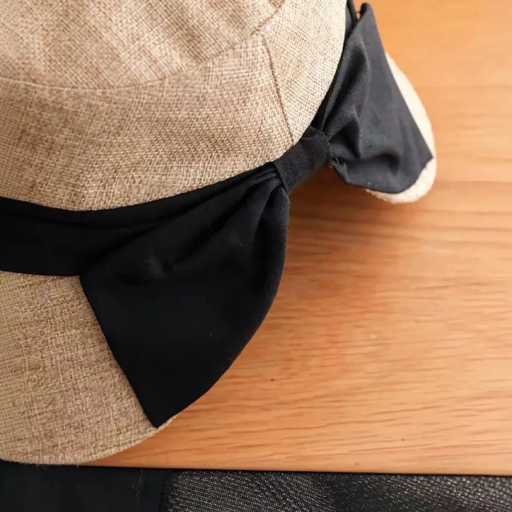 Women Summer Sun Hat Wide Brim Linen Bucket Cap Foldable Breathable Beach Bonnet With Bowknot And Back Split Detail