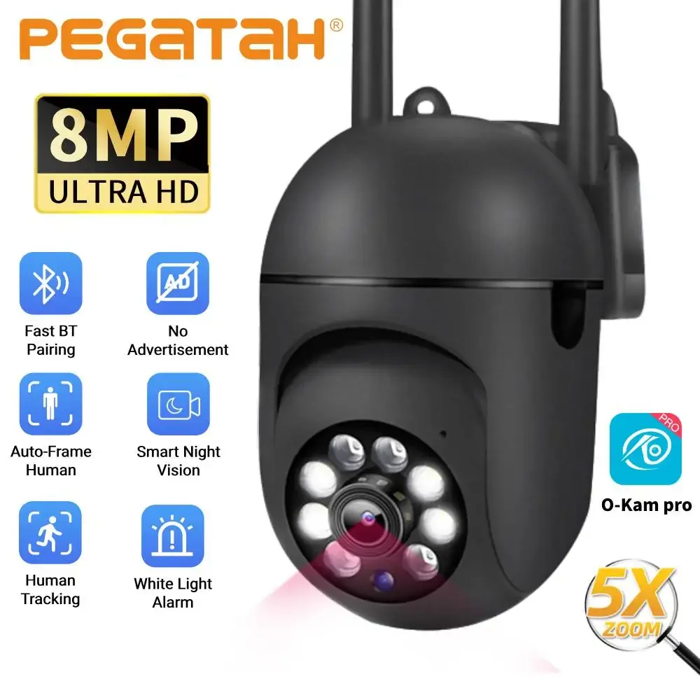 Kamery 2.4G 8MP Czarne Kamery Wifi do Monitoringu Wideo IP Zewnętrzne Ochrona Bezpieczeństwa Monitorowanie Zoom 5.0X Alarm Domowy O-Kam Pro APP — 2