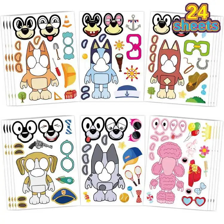 24sheet Bluey Anime Cartoon Dog Puzzle Stickers Cute Children DIY Color Puzzle Education Stickers Kids Funny Toys Gift