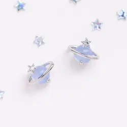 New Ins Cute Blue Opal Planet Zircon Stud Earrings Exquisite Star Saturn Earring For Women Girls Fashion Aesthetic Jewelry Gift