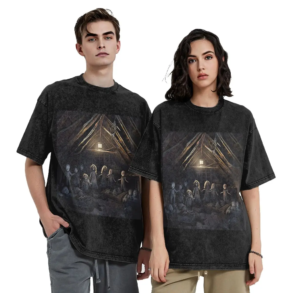 Haunted Attic With Possessed Creepy Dolls Hip Hop Short Sleeve T-Shirts Washed Tops Tees Streetwear T Shirt Cotton for Men Women
