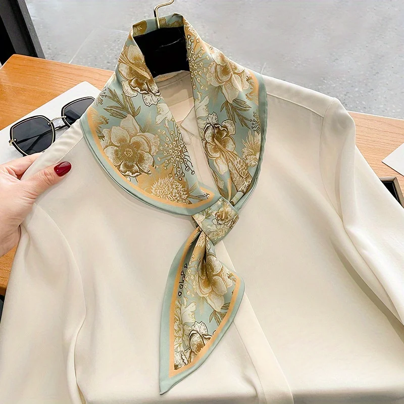 Elegant Flower Print Cross Tie Scarf Thin Slender Decorative Neck Scarf Women's Professional Matching Shirt Small Scarf