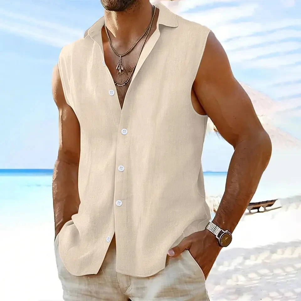 

Cotton Linen Shirt For Men Summer Sleeveless Button Down Shirts Solid Color Casual Holiday Beach Shirt Male Tops Daily Wear