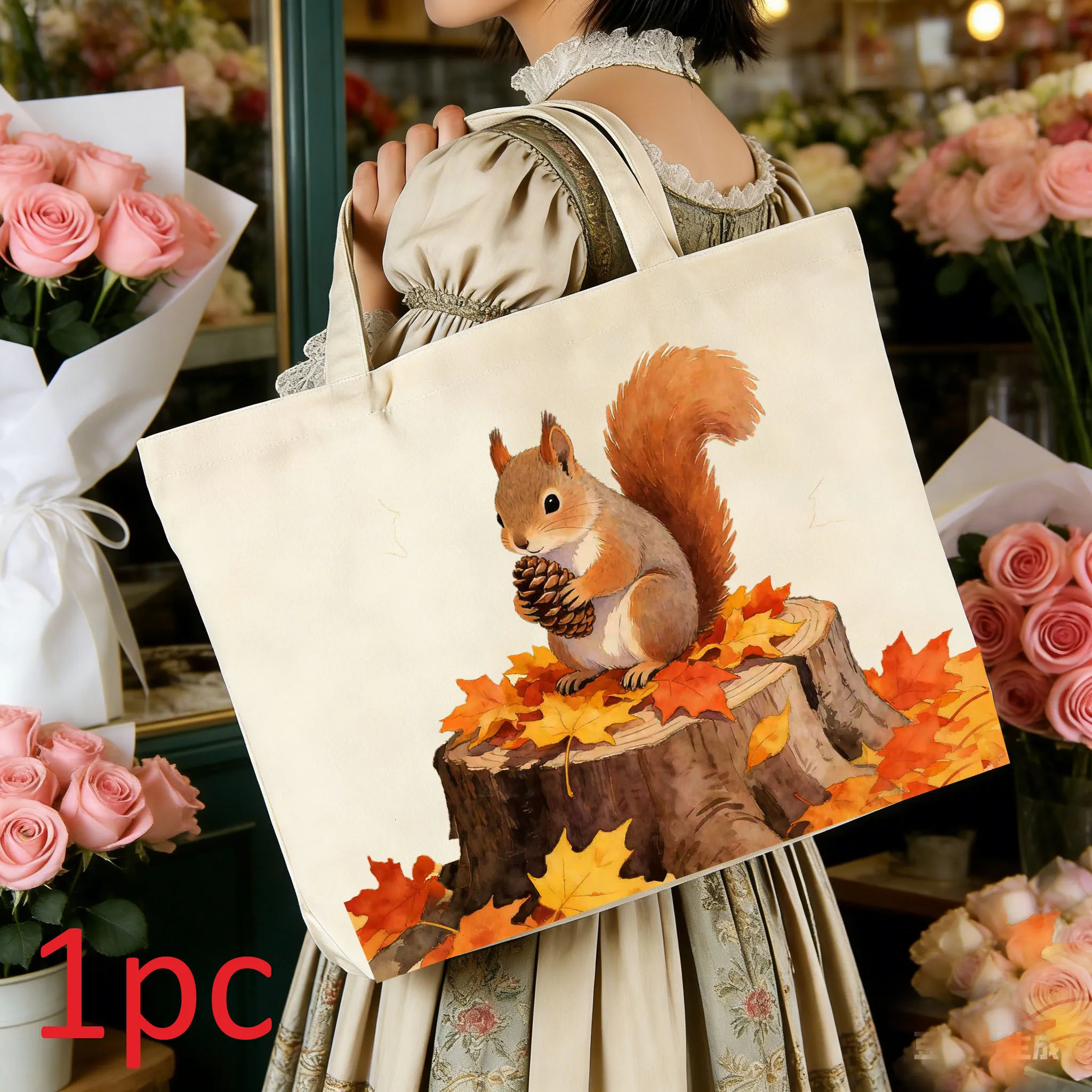 

1Pc Maple Leaf and Squirrel Series Theme Handheld Eco friendly Storage Bag Large Capacity Fashion Shopping Bag