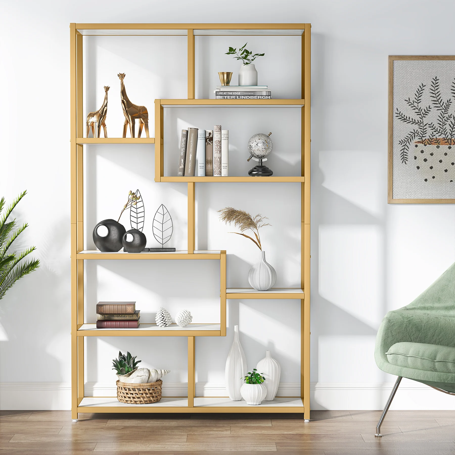 Tribesigns Bookshelf 5 Tier Etagere Bookcase, Modern Gold Book Shelf Organizer Display Rack with 8 Open Storage Shelf image 6