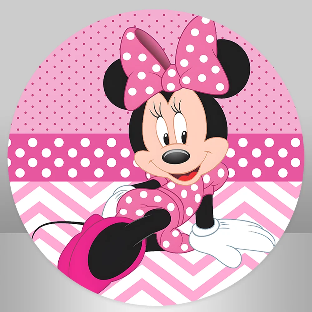 Rosa Pink Round Background Circle Photo Backdrop Cartoon Minnie Mouse Baby Shower Birthday Party Decoration Table Cylinder Cover