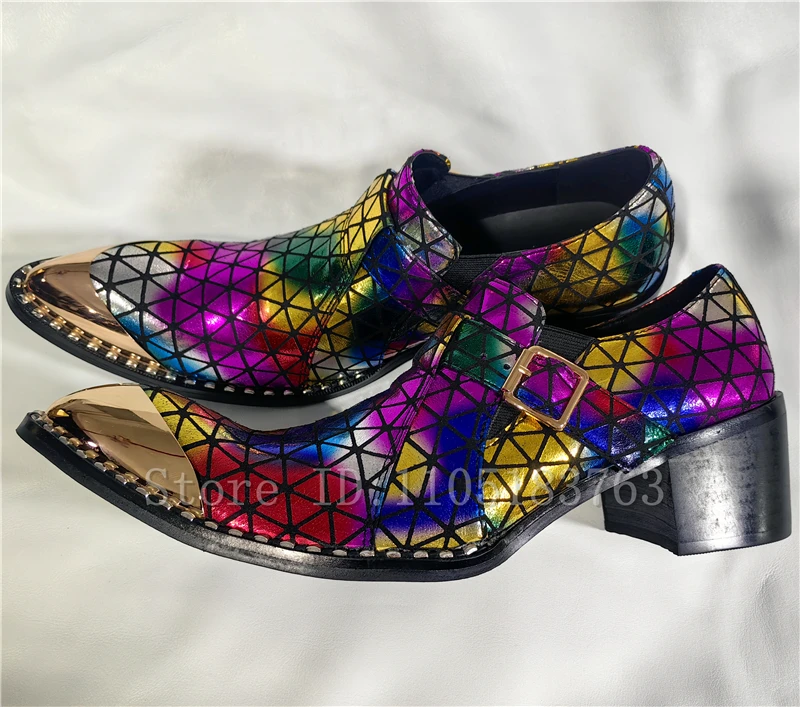 Men Colorful Prints Genuine Leather Loafers Gold Metal Protective Pointed Toe Rivet Chunky Heel Buckle Strap Dress Shoes