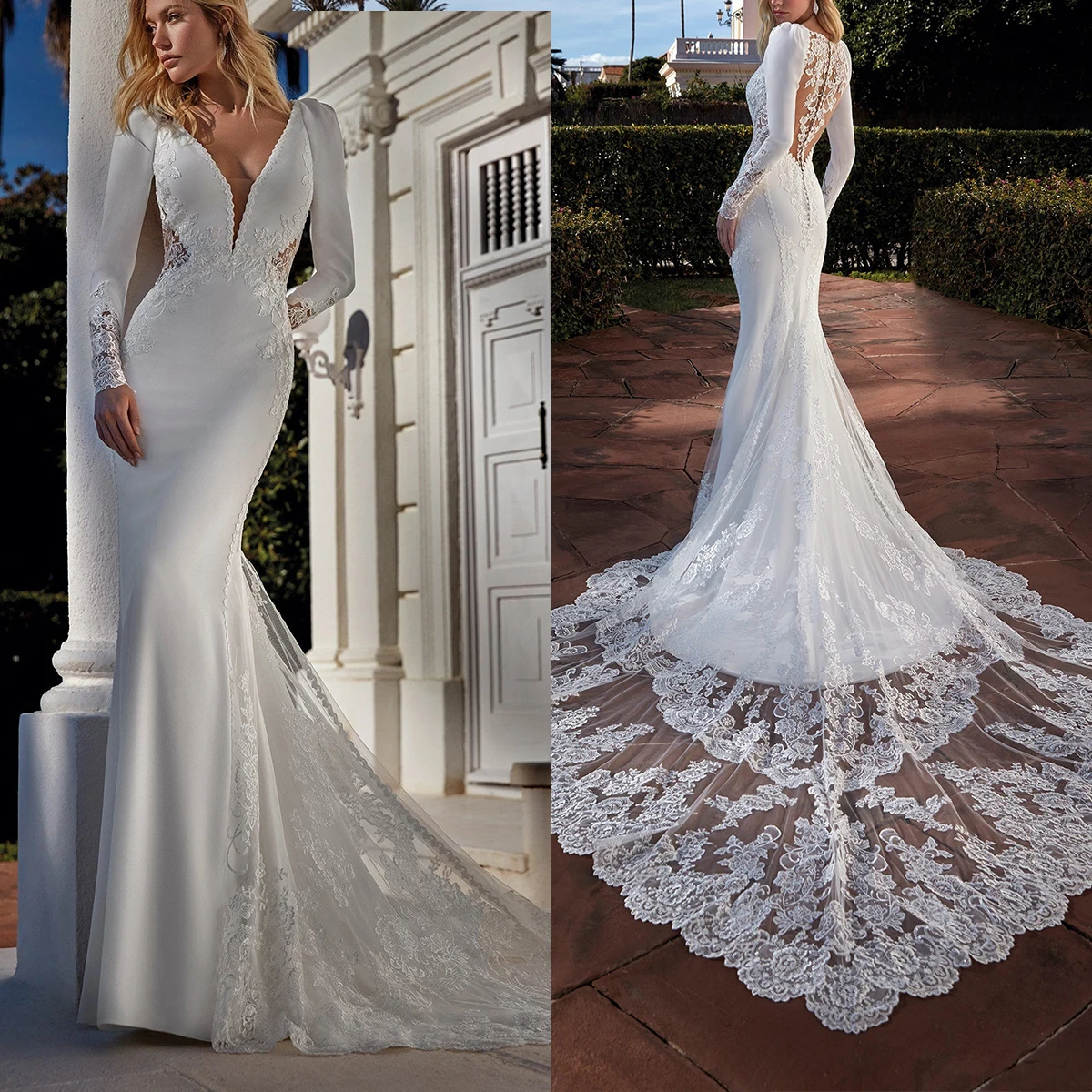 Vestidos de novia elegantes de sirena, vestidos de novia de satén de encaje de manga larga con cuello en V profundo, bata de tren de barrido con botones en la espalda hechos a medida