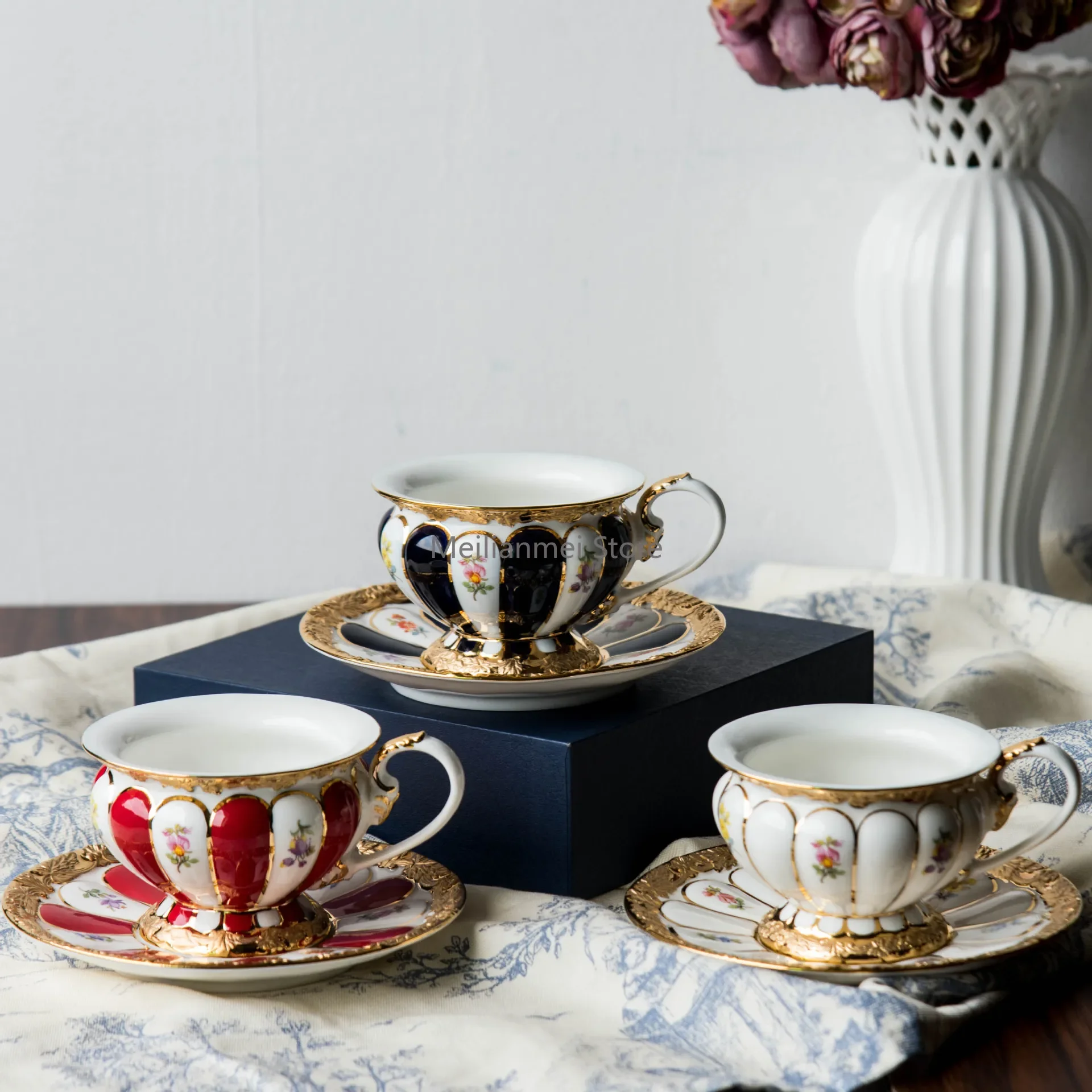 225ML Ceramic Coffee Mug European Court Phnom Penh Cup Luxury Afternoon Camellia Ceramic Latte Mug Cup Drinking Utensils