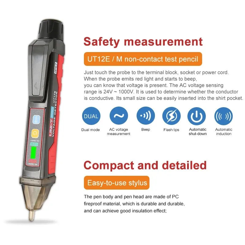 UNI-T Non-contact Volt Pen Ac Voltage Detector IP67 Tester Potlood 24V-1000V Ledflashlight Draagbare Licht sensor UT12E UT12M