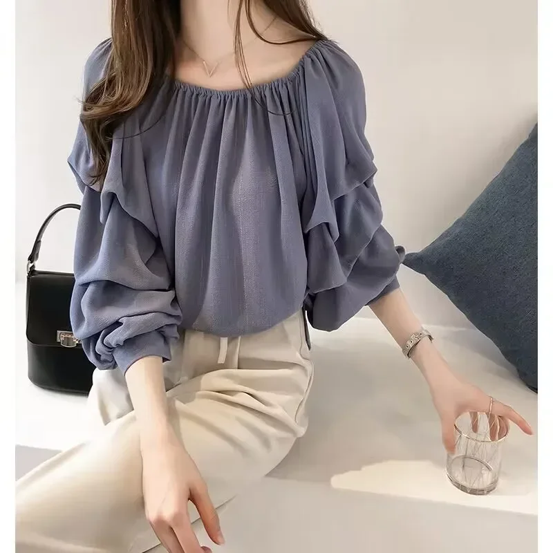 New Elegant Korean-Style Chiffon Off-The-Shoulder Top Women's Loose-Fit Bubble Top Slimming Solid Color Base Layer Top