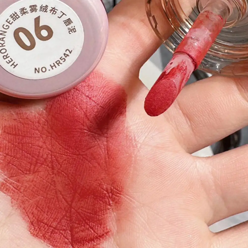 Barro labial para retoques rápidos, bálsamo de barro labial enlatado con aplicador hidratante, esmalte de labios mate de terciopelo de larga duración para mujeres