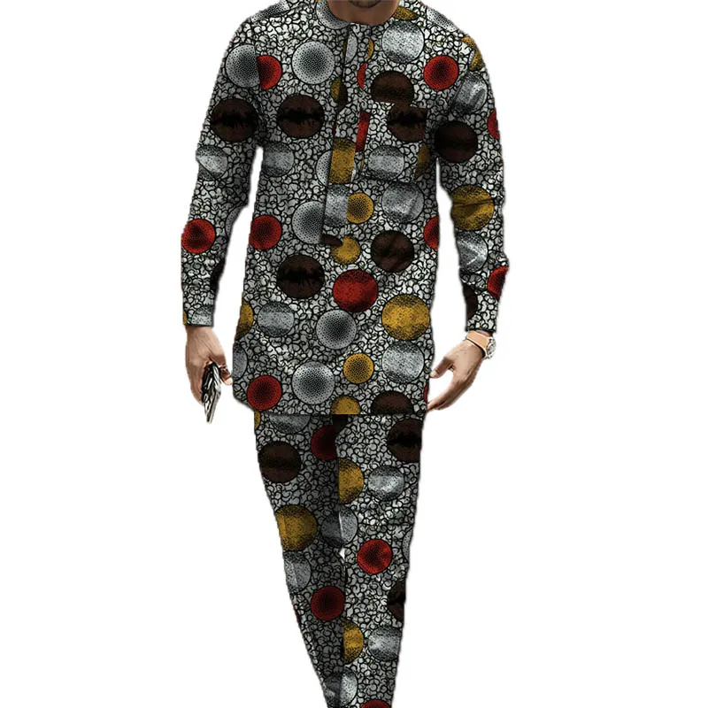 Collarless Shirt Set African Coture Tops With Pocket Decorated Pathch Trouser Tailored Original Design Print Party Wear