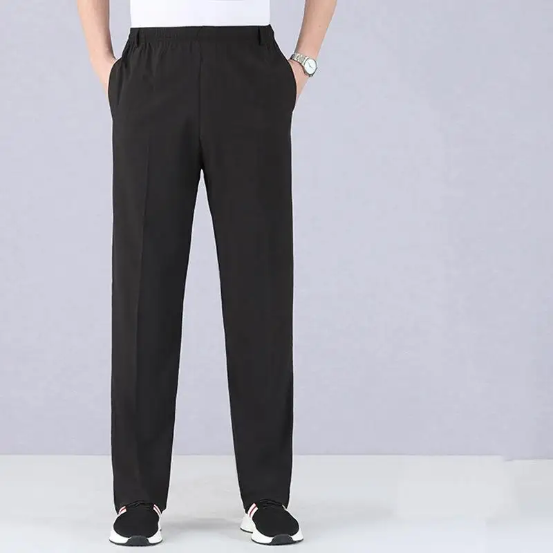 

Мужские летние брюки из ледяного шелка прямого кроя, эластичные, тонкие, прохладные, длинные, свободные спортивные брюки, повседневные, с высокой талией