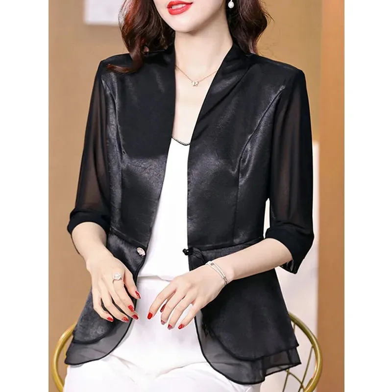 

Blazer Thin Short Jacket Women's Spring And Summer 2023 New Fashion Satin Splicing Middle Sleeve Outside Take Miss Outerwear