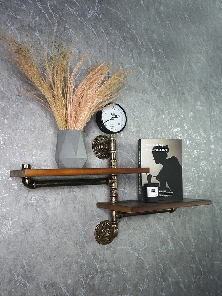 رف جداري إبداعي على الطراز الصناعي رف كتب مزخرف على شكل أنابيب مياه عتيقة معلقة على الحائط من الخشب الصلب والحديد المطاوع #2