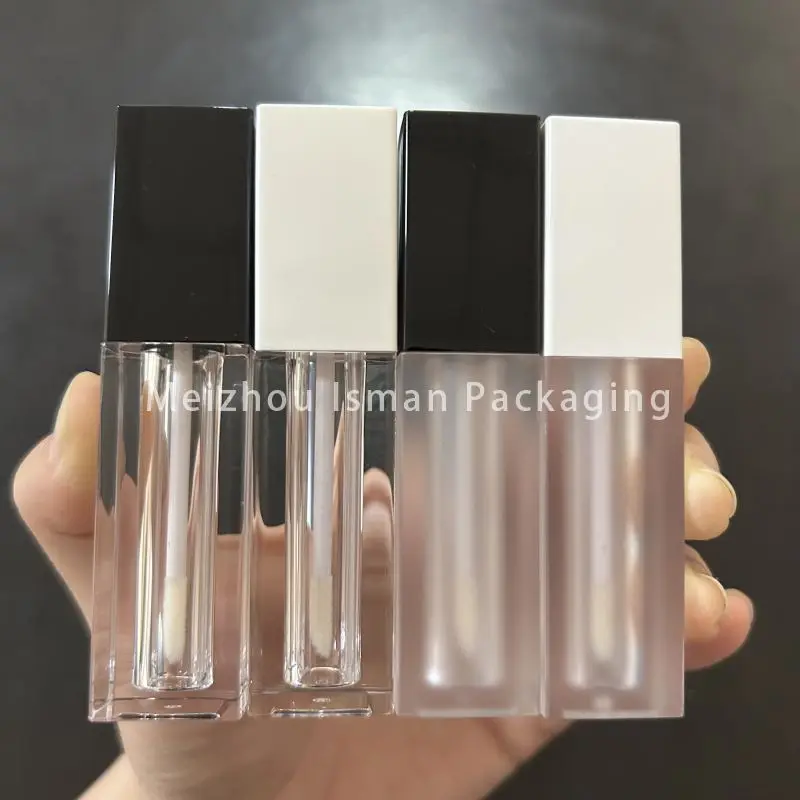 

50Pcs New 5ml clear frosted white lipgloss packaging bottle cosmetic square black lip gloss container tubes with wands brush